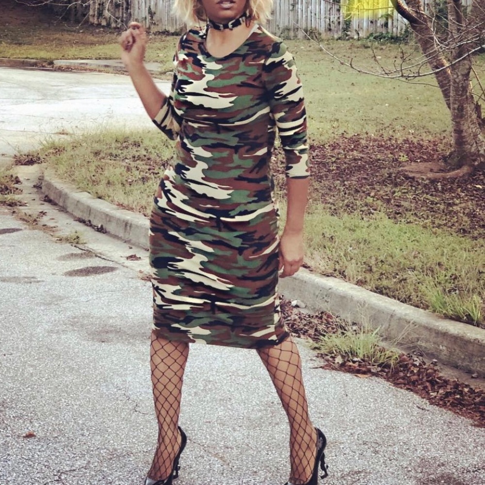 Army Green Fitted Knee Dress